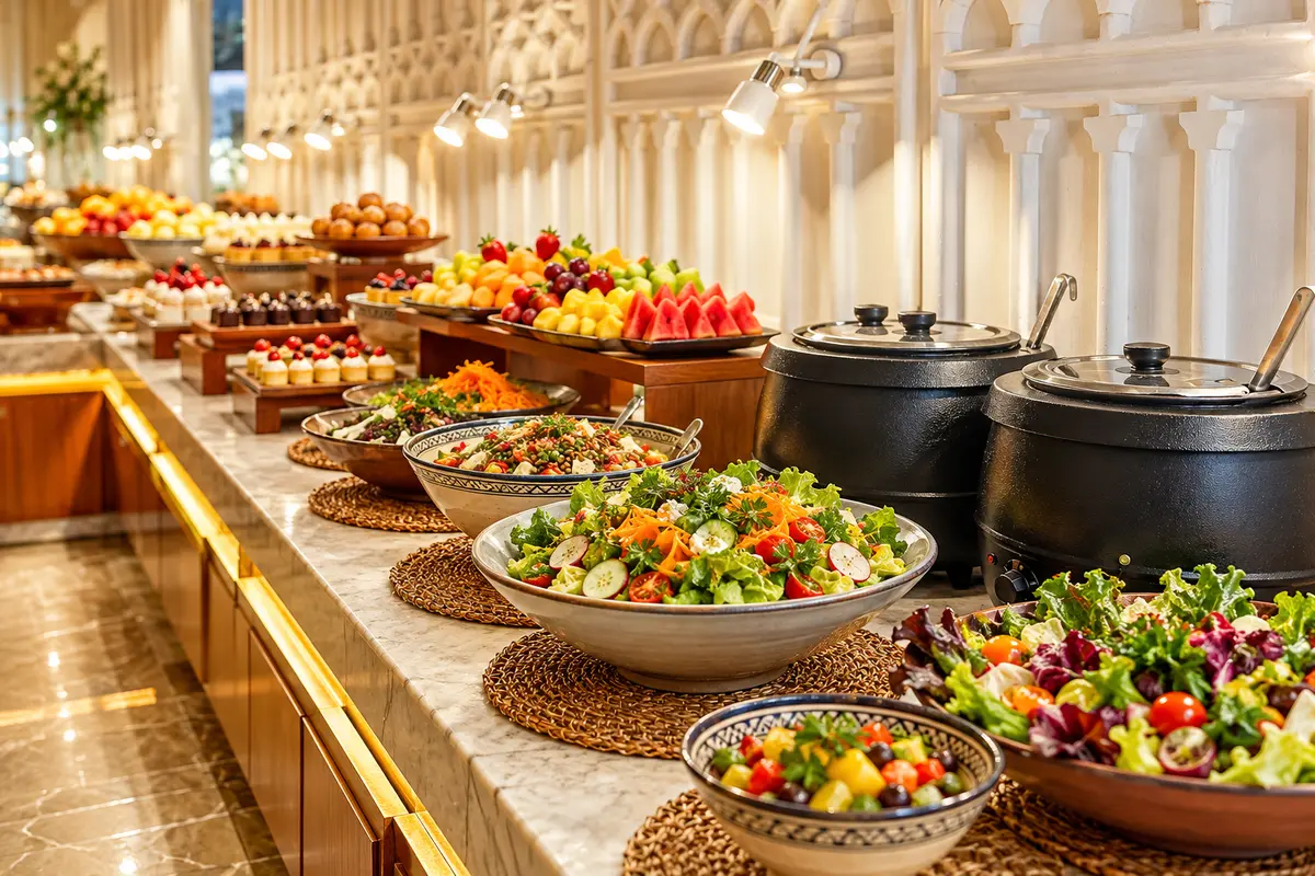 Salades, soupes, fruits et pâtisseries du buffet déjeuner
