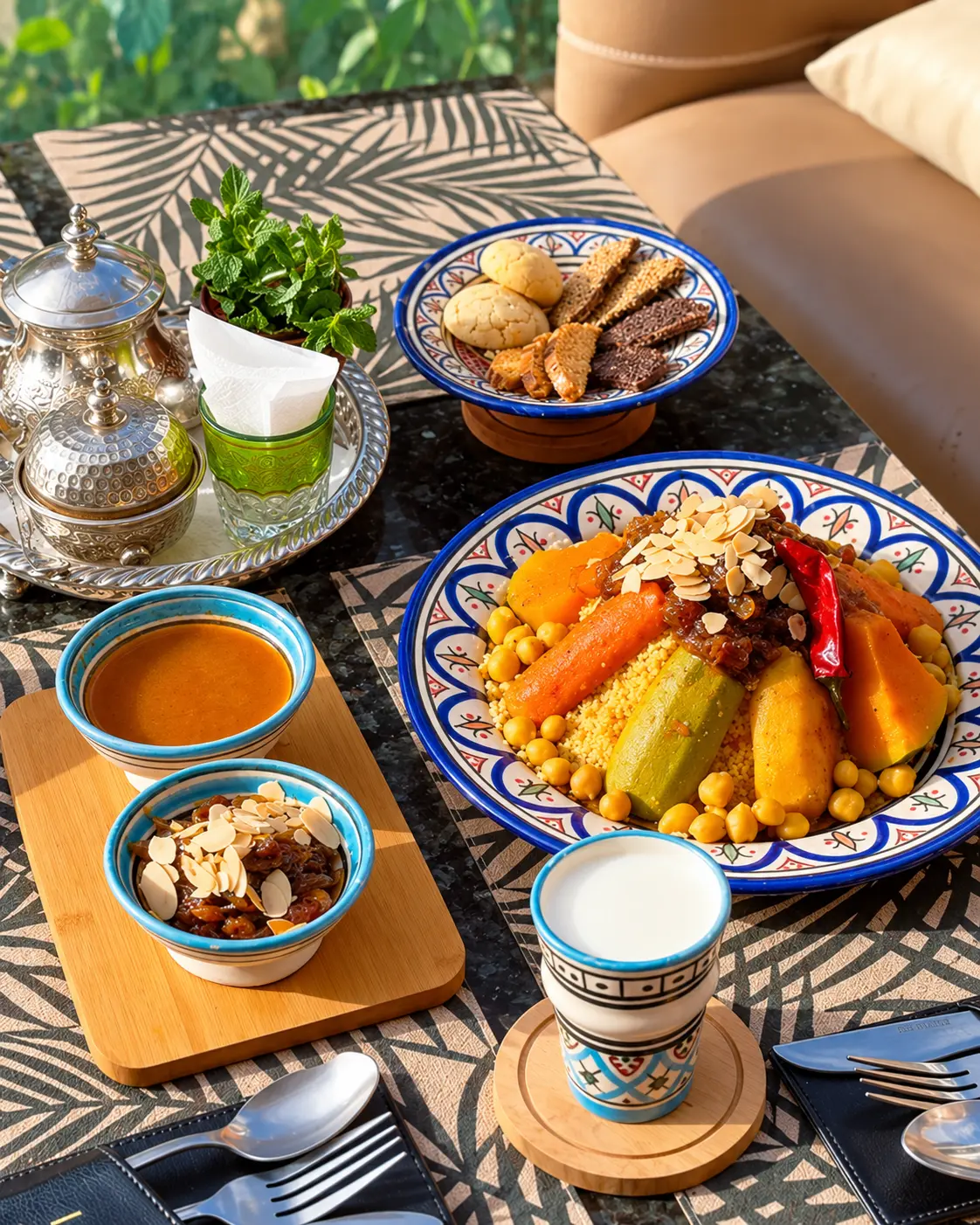 Couscous servi à table, accompagné de tfaya et de lben