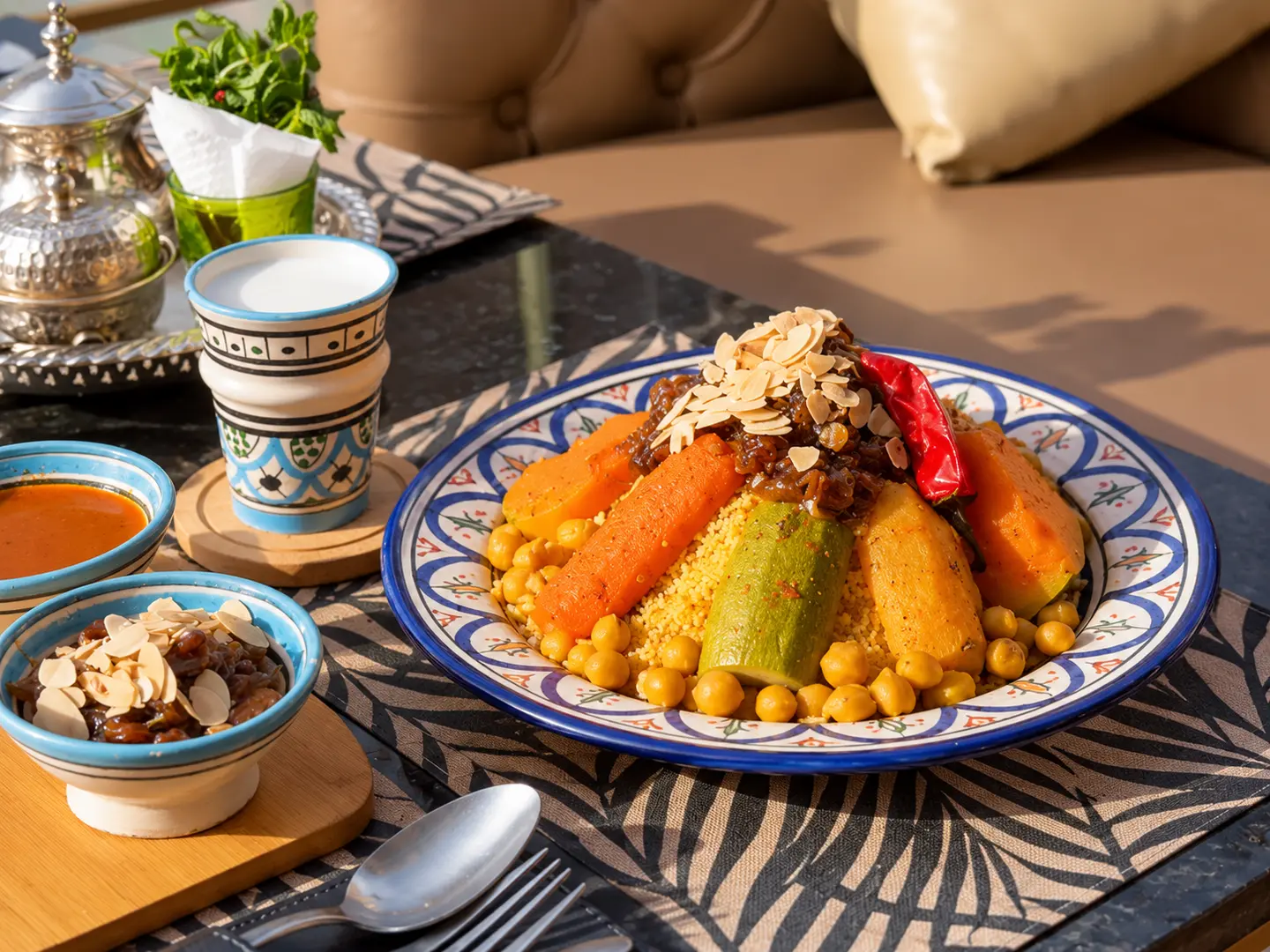 Couscous served with tfaya and lben