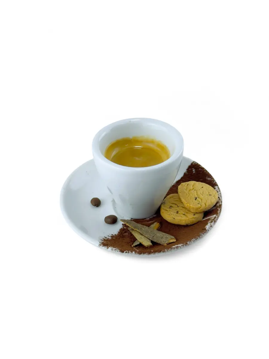 Café espresso de Pensée photographié avec sa soucoupe