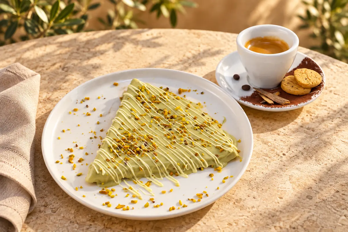 Pistachio crêpe and espresso